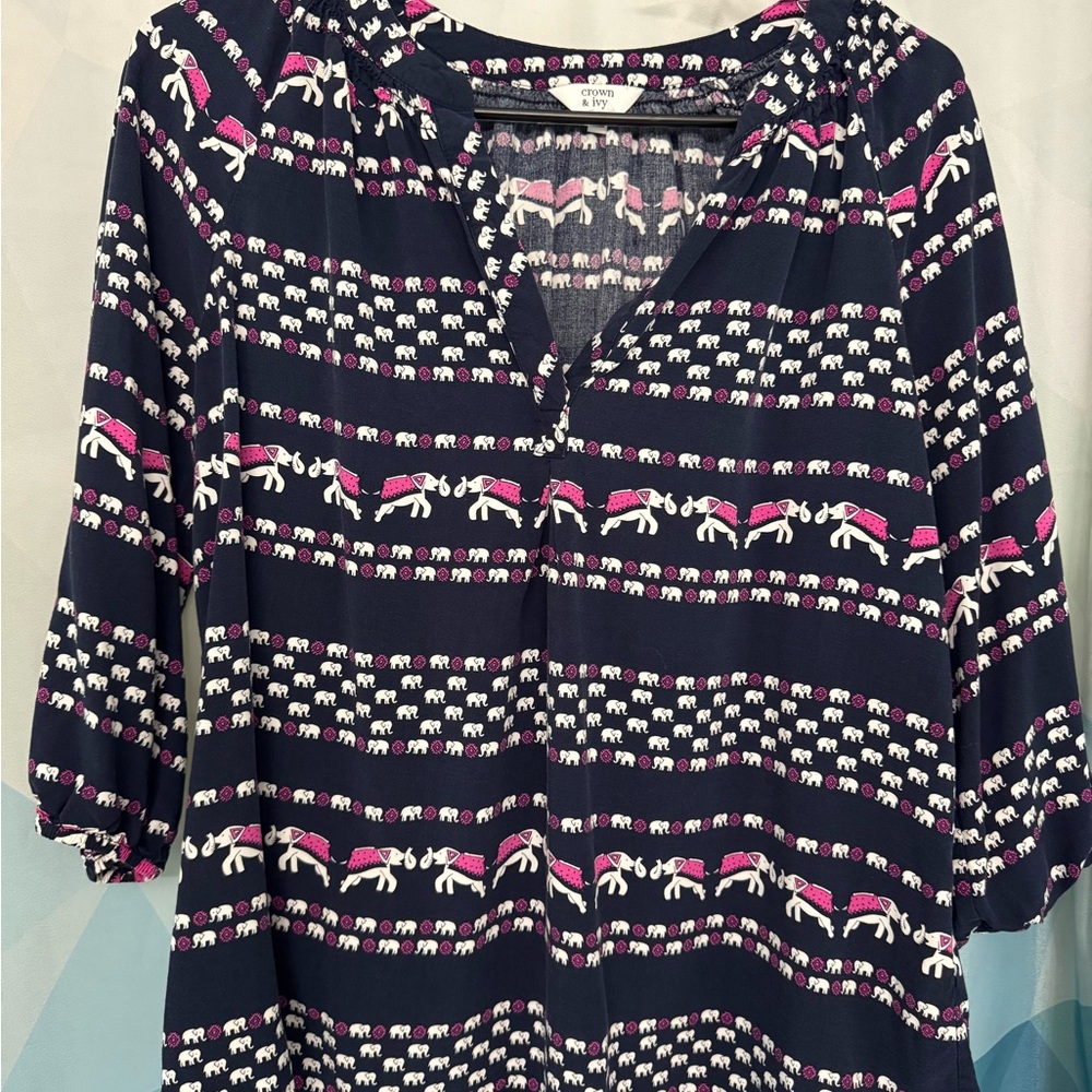 Crown & Ivy Navy Blouse with Pink and White Patterns